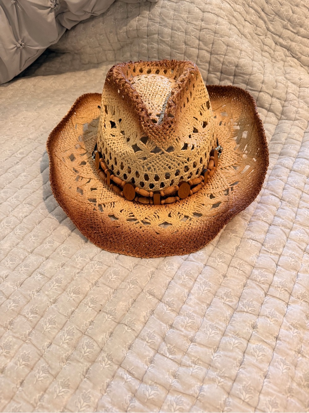 Peter Grimm Two-Tone Straw Cowgirl Hat with Wooden Bead Band - Beige & Brown